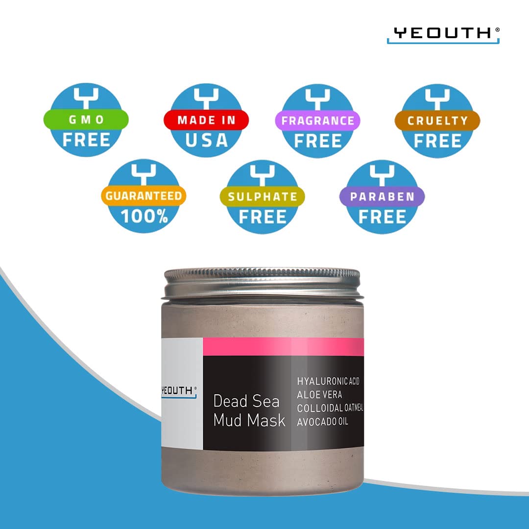 YEOUTH Dead Sea Mud Mask for Face with Hyaluronic Acid and Avocado Oil, Revitalizing Face Masks for Smoother Looking Skin 8oz