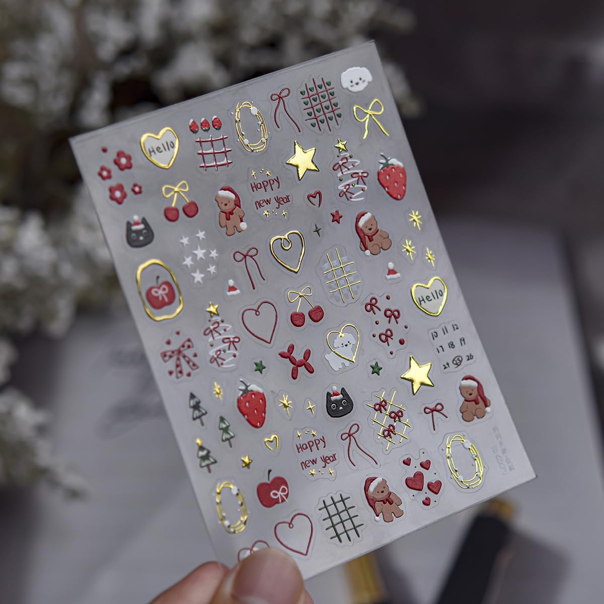 Christmas Nail Art Stickers 5D Embossed Xmas Cute Bear Nail Stickers Strawberry Xmas Light Xmas Tree Bowknot Cherry Gift Nail Decals for Women Girls Winter Holiday Manicure DIY Nail Supplies 1 Sheet