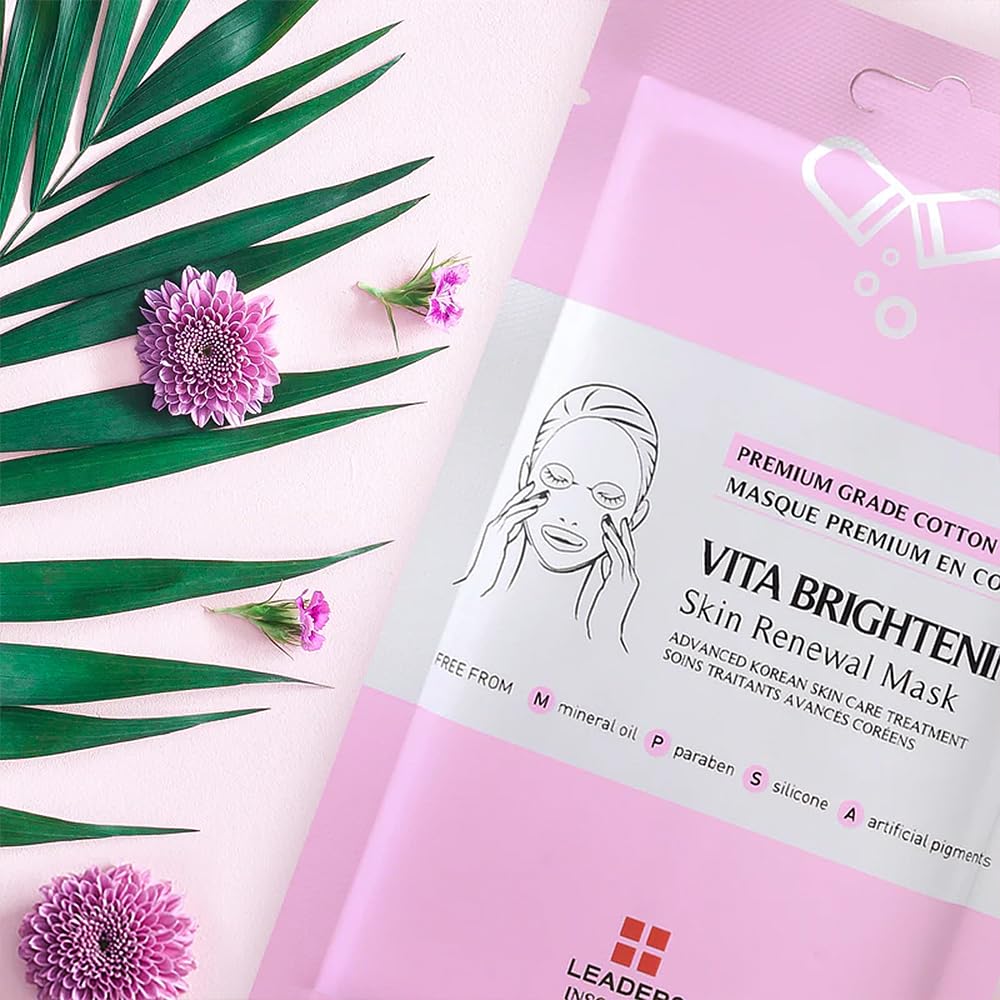 Leaders Insolution VITA Brightening Skin Renewal Mask | Vitamin C & Niacinamide for Dark Spot Reduction and Luminous Glow | 100% Natural Cotton Sheet for Dull Skin (10 Sheets)