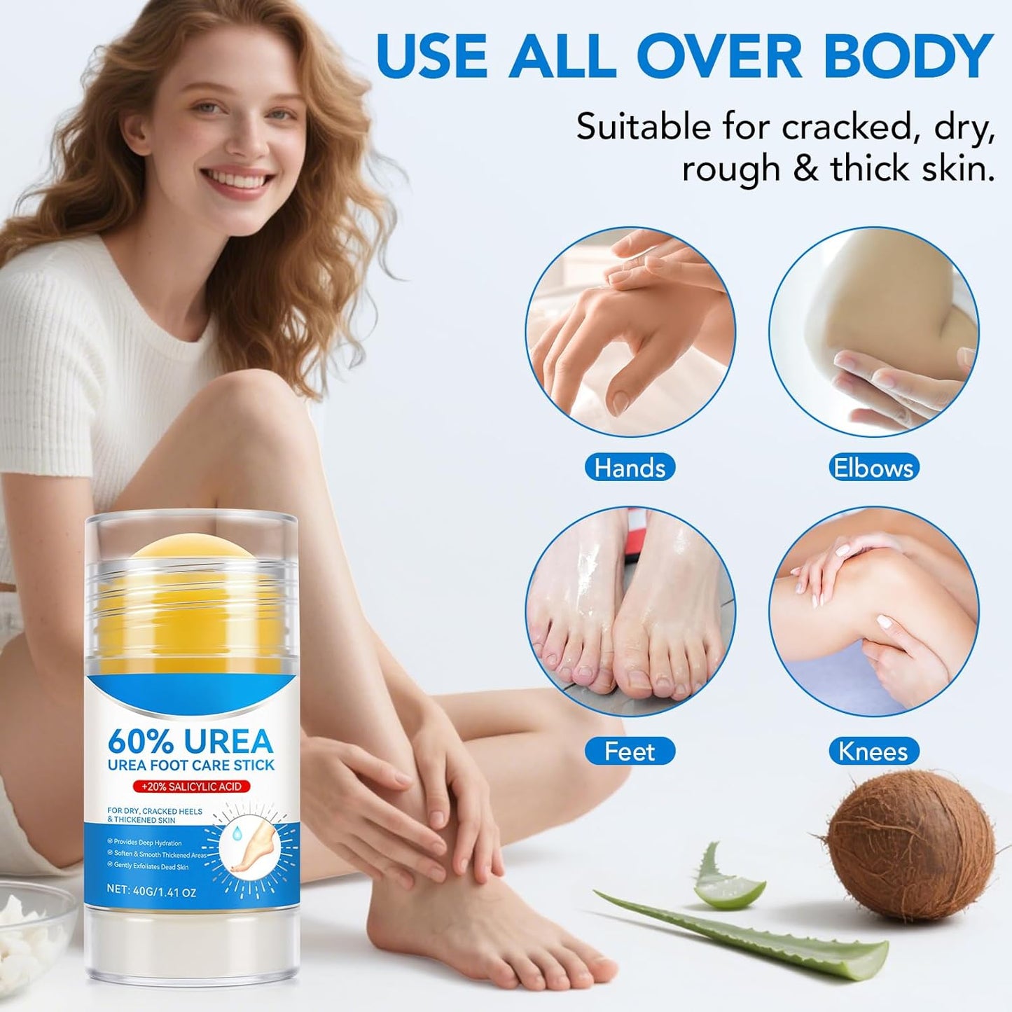 Urea Foot Care Stick, 2pcs 60% Urea with 2% Salicylic Acid Foot Cream Moisturizer for Dry Cracked Feet, Knees, Elbows, Hands, Moisturizes and Hydrates the Dry Skin, Callus Remover & Skin Softener