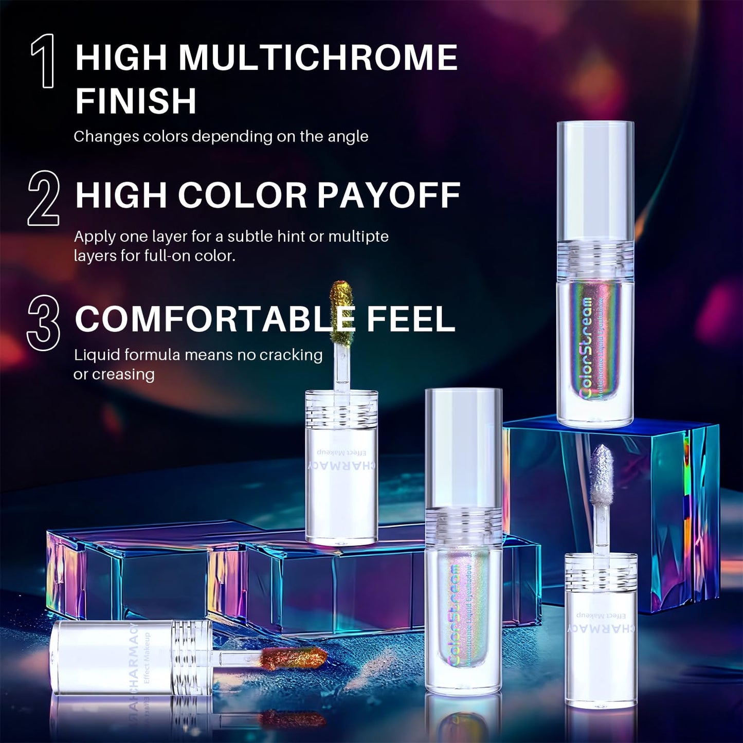 CHARMACY 3 Pcs Multichrome Glitter Liquid Eyeshadow, Chameleon Shifting Color, Holographic Metallic Eyeshadow, Long-Lasting Wear, Vegan Eye Topper for Party, Daily Makeup (#303)