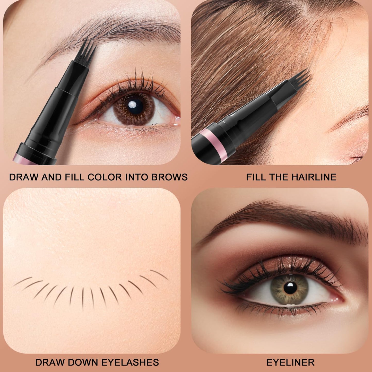 Eyebrow Pencil,2-in-1 Waterproof Eyebrow Pen with 4 Tip Brow Pen and Ultra-Precise Brow Pencil,with Dual-ended Eyebrow Brush,Eyebrow Makeup for Natural Looking Eyebrows-Dark Coffee