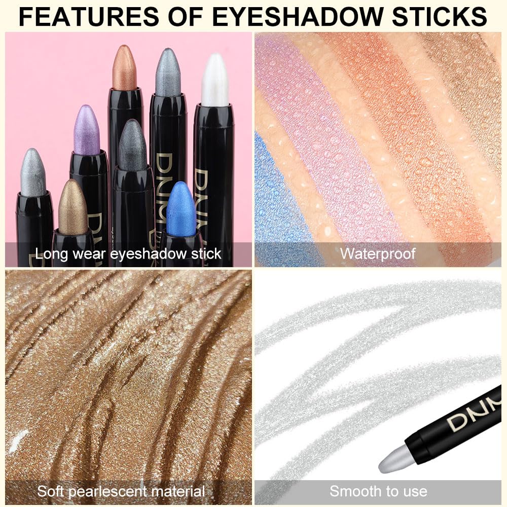 8Pcs Glitter Eye Shadow Sticks Liner Pencils Makeup, Pearl White Smokey Black Gray Silver Violet Purple Khaki Royal Blue Shimmer Glitter Eyeliner Pencil Cream Eyeshadow Palette Makeup for Older Women
