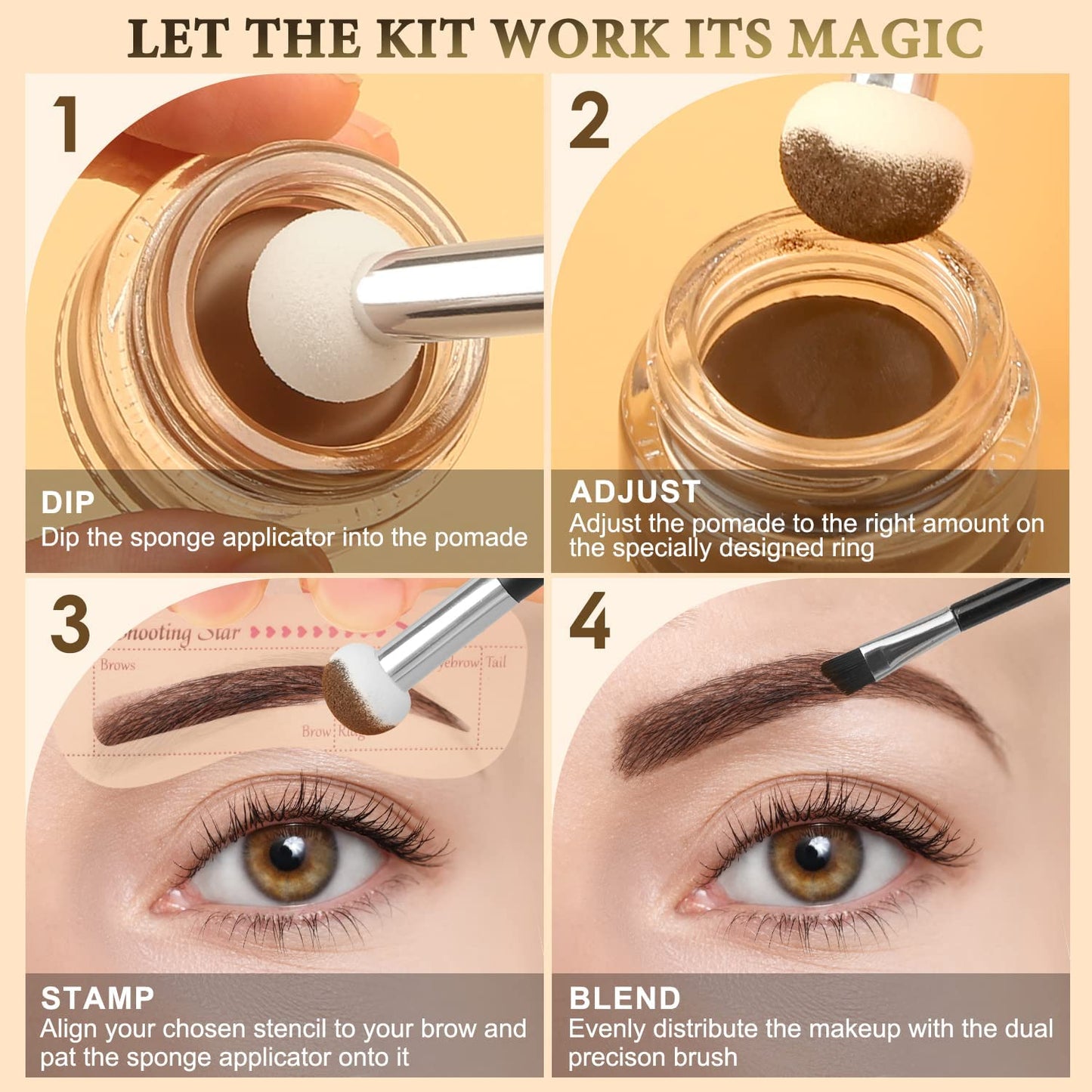 LAVONE Eyebrow Stamp Stencil Kit for Eyebrows, Brow Stamp Trio Kit with Waterproof Eyebrow Pencil, Eyebrow Pomade, 20 Eyebrow Stencils, Dual-ended Eyebrow Brush and Sponge Applicator - Auburn