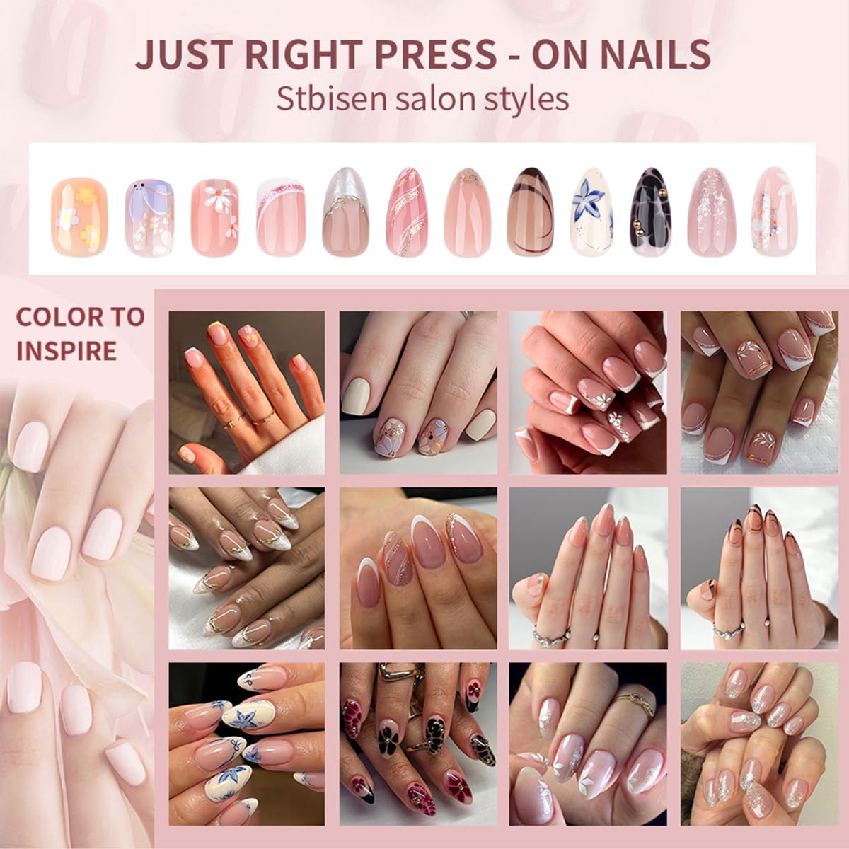 French Short Press On Nails Almond, Nude Fake Nails with Blue French Tip and Delicate Botanical Design, Glossy Gel Finish Acrylic Nails, Natural Reusable Glue On Nails Kit for Women, Serene Garden