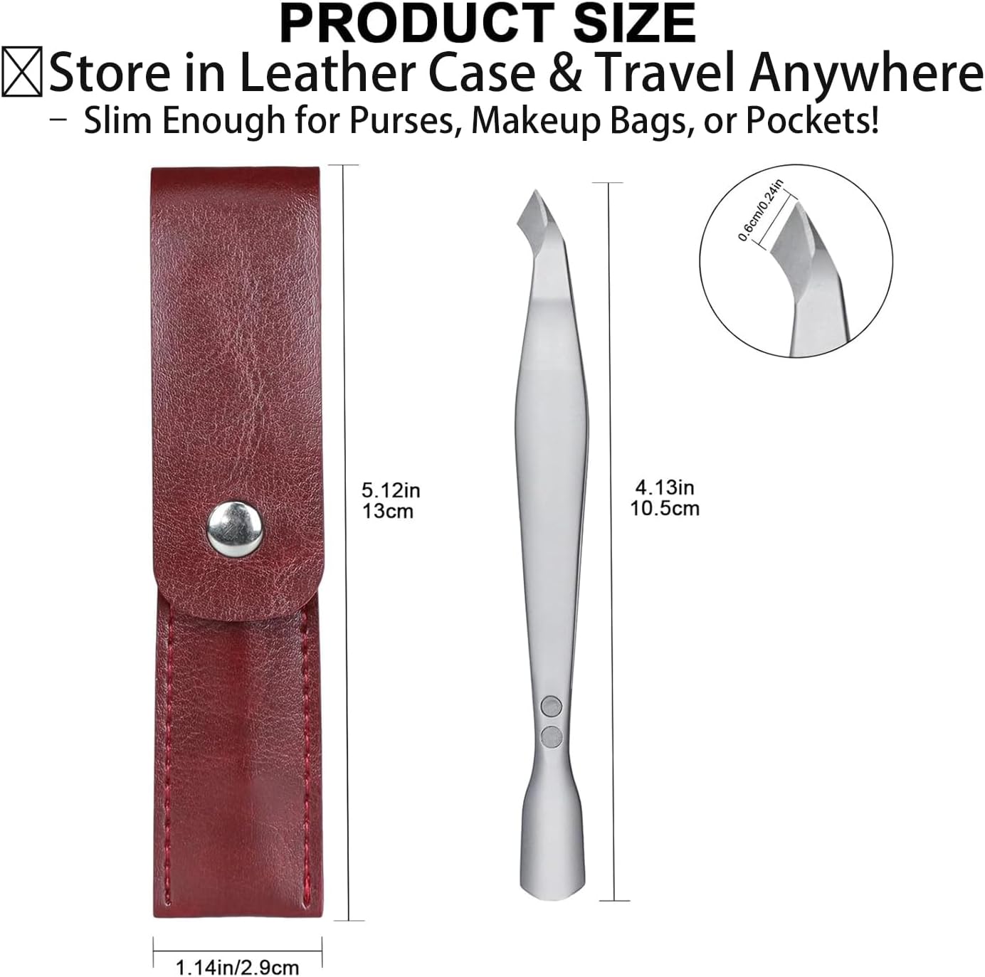 Tweezers-Style 2-in-1 Cuticle Trimmer & Pusher - Surgical-Grade Stainless Steel, Compact Portable Nail Tool with Leather Case for Precise Hangnail/Cuticle Care (Home, Travel, Salon)