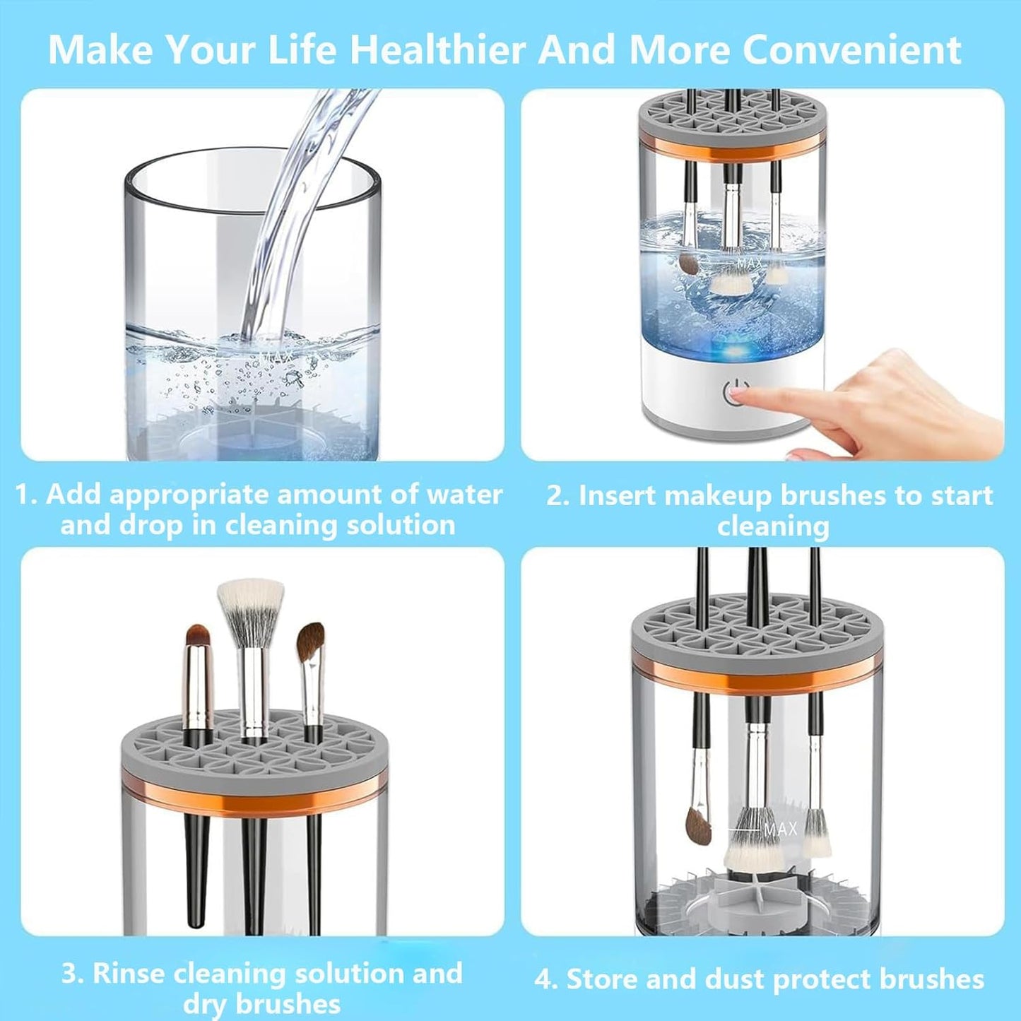 Makeup Brush Cleaner Machine, Portable Electric Makeup Brush Cleaner, Efficient Deep Cleaning Makeup Brushes, Automatic Spinning Make Up Brush Cleaner Fit for All Size Cosmetic Brush (White)