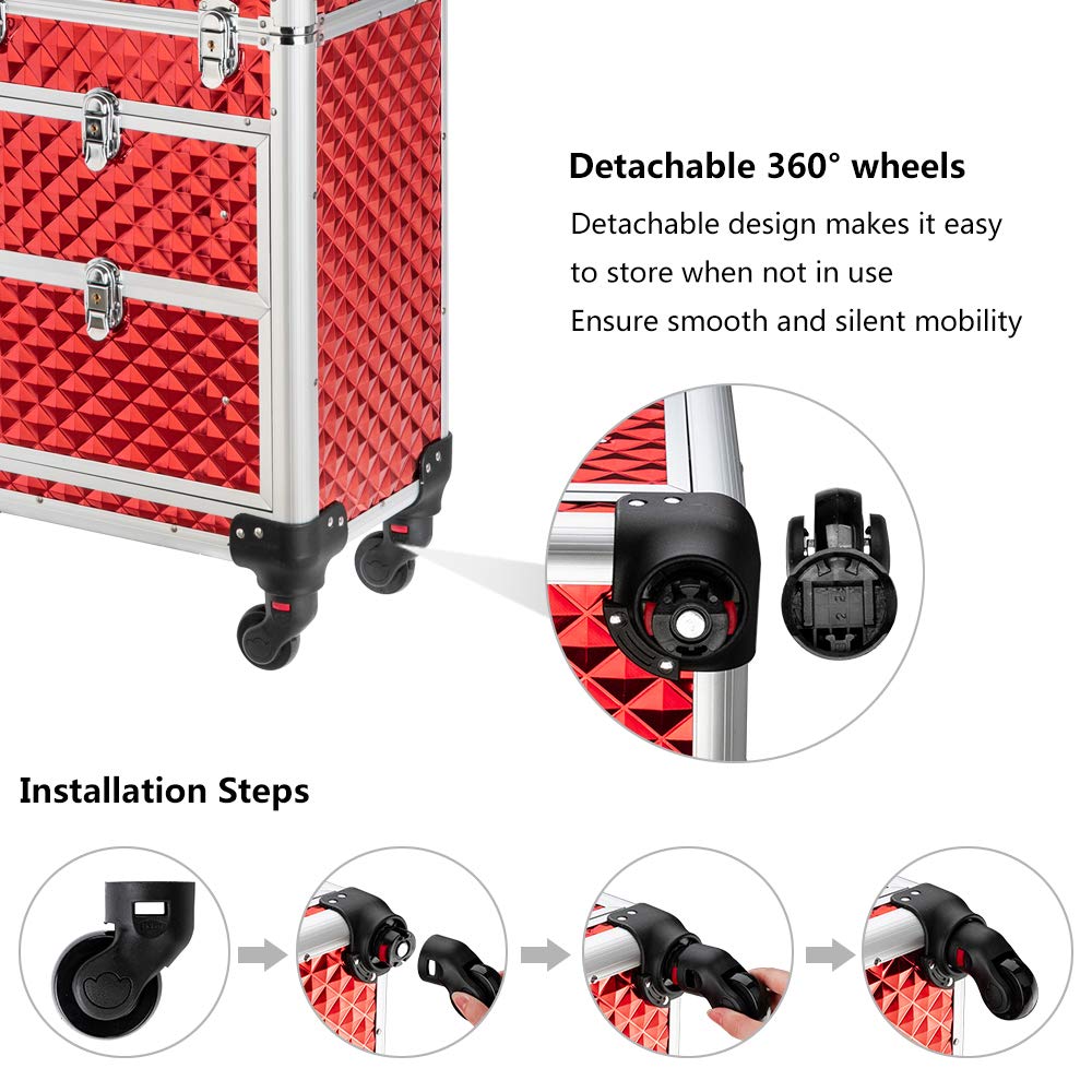 mefeir Aluminum Rolling Makeup Train Case, Portable Makeup Organizer Suitcase, Cosmetic Storage Box, Travel Beauty Luggage Trolley Lockable w/4 Removable Wheels & 2 Sliding Drawers (Red)
