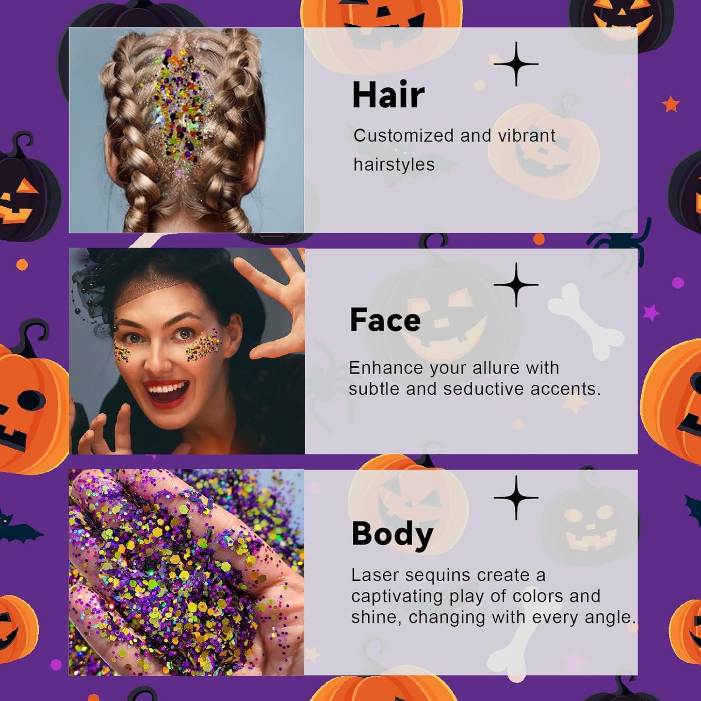 Halloween Glitter Gel for Body, Face, Hair and Lip, Color Changing Glitter Gel Under Light (Halloween)