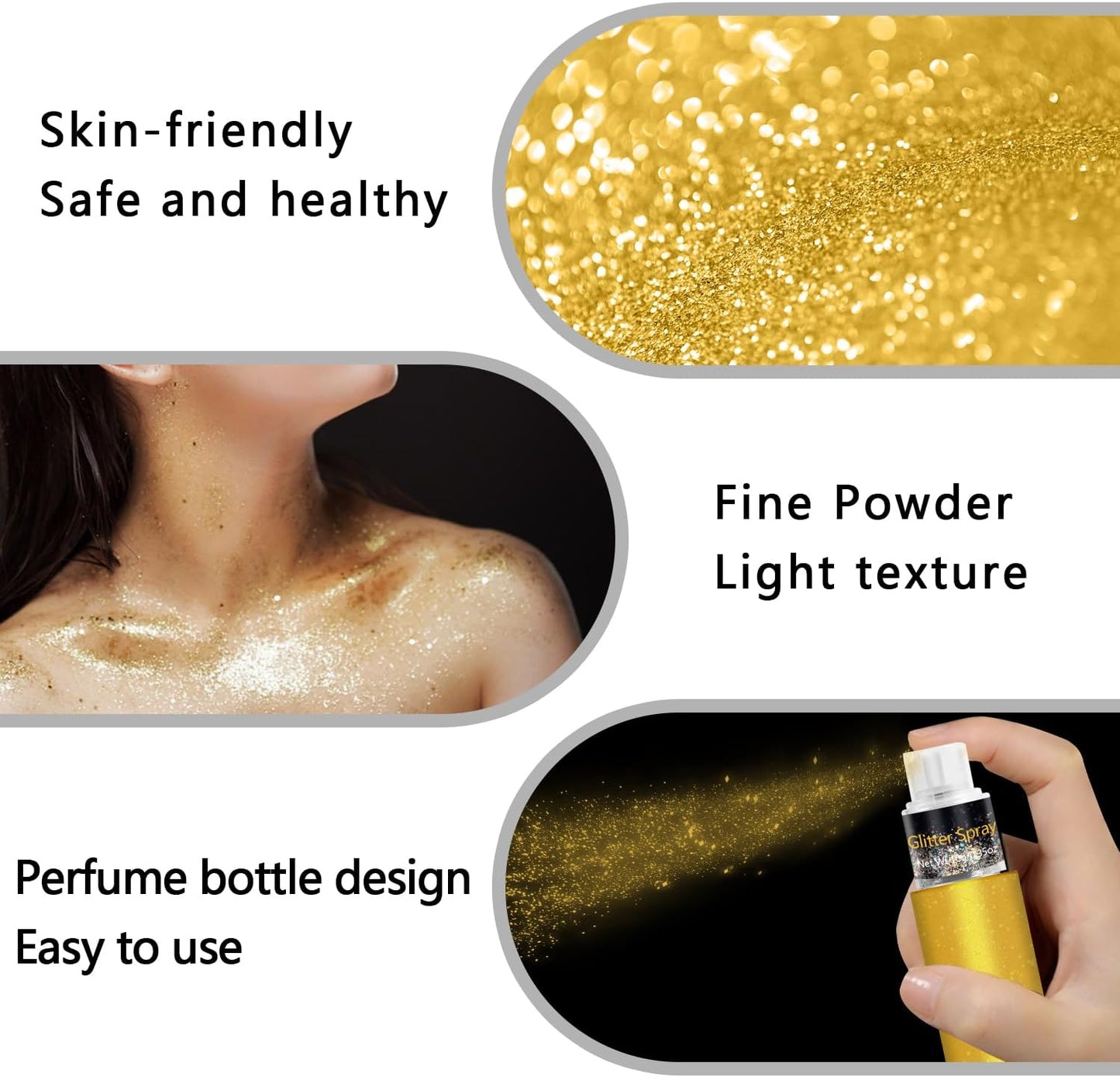 Hair and Body Glitter Spray, Holographic Glitter Highlighter Powder, Face Body Clothes Shiny Glitter, Loose Shimmer Hairspray Festival Rave Prom Accessories, 10g (01# Gold)