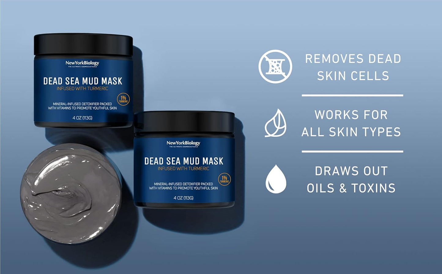 New York Biology Dead Sea Mud Mask for Face and Body | with Turmeric Oil | Spa Quality Pore Refiner for Oily Skin | Natural Skincare for Women & Men | Tighten Skin for A Healthier Complexion | 4 oz