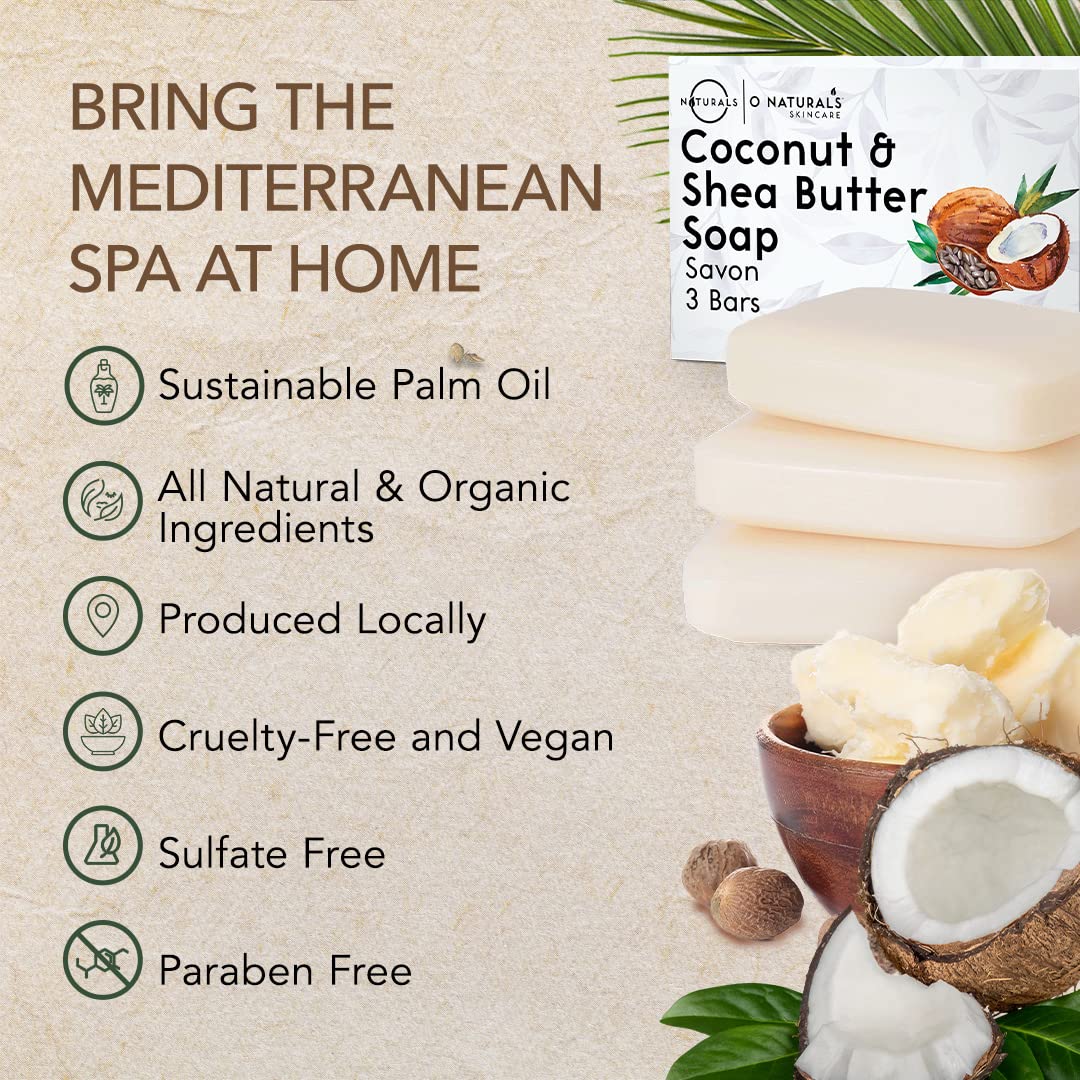 O NATURALS 3-Pack Organic Soap Bar 4oz each Set - 100% Vegan Cold Process Body Wash Scented Premium Essential Handmade Soap - Natural Soaps for Men Women, Face, Body - Coconut and Shea Butter