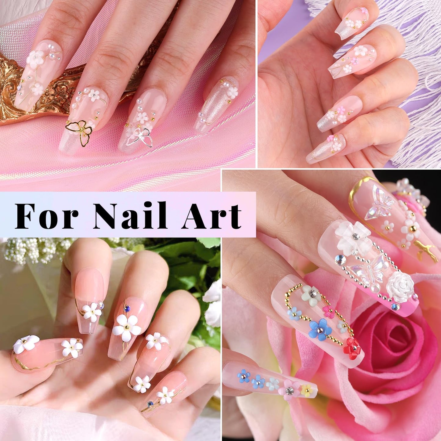 3D Flowers for Nails, Colorful Acrylic Flower Nail Charms with Caviar Beads, Rhinestones for Nails 3D Nail Charms for Acrylic Nails with Pickup & Dotting Tools for Manicure DIY Nail Art Decor