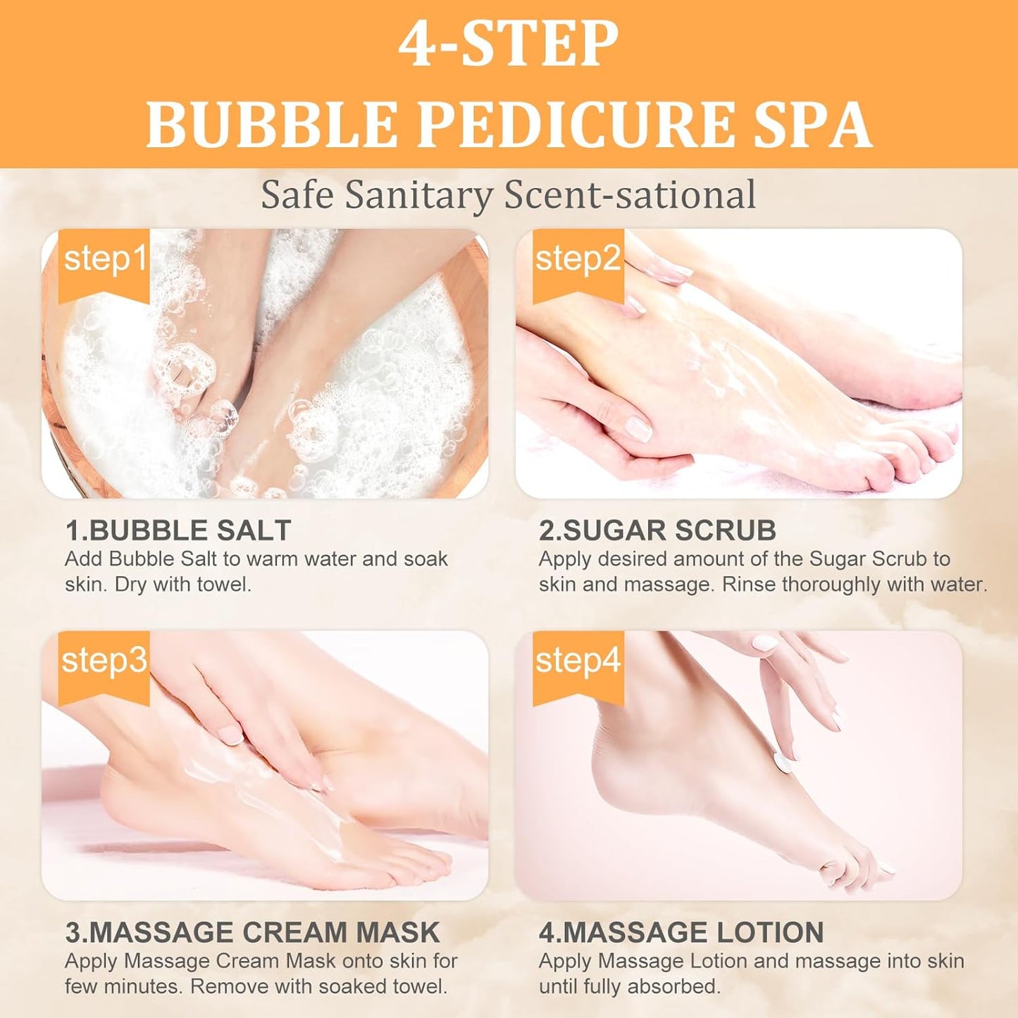 Pedicure Kit Foot Soak Set: Bubble Salt, Sugar Scrub, Massage Mask, Massage Lotion in a Box, 4 Step Foot Spa Kit for Dry Feet,Tired Feet(3 Set Tropical Fruit)