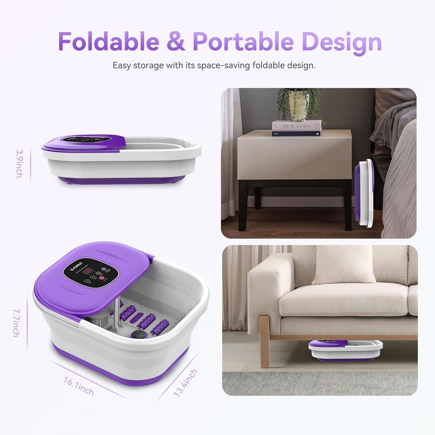 Foot Spa Bath Massager with Heat, Collapsible Foot Massager Spa Soaking Tub with Bubble, Pedicure Foot Spa for Relaxation, Gifts(Purple)