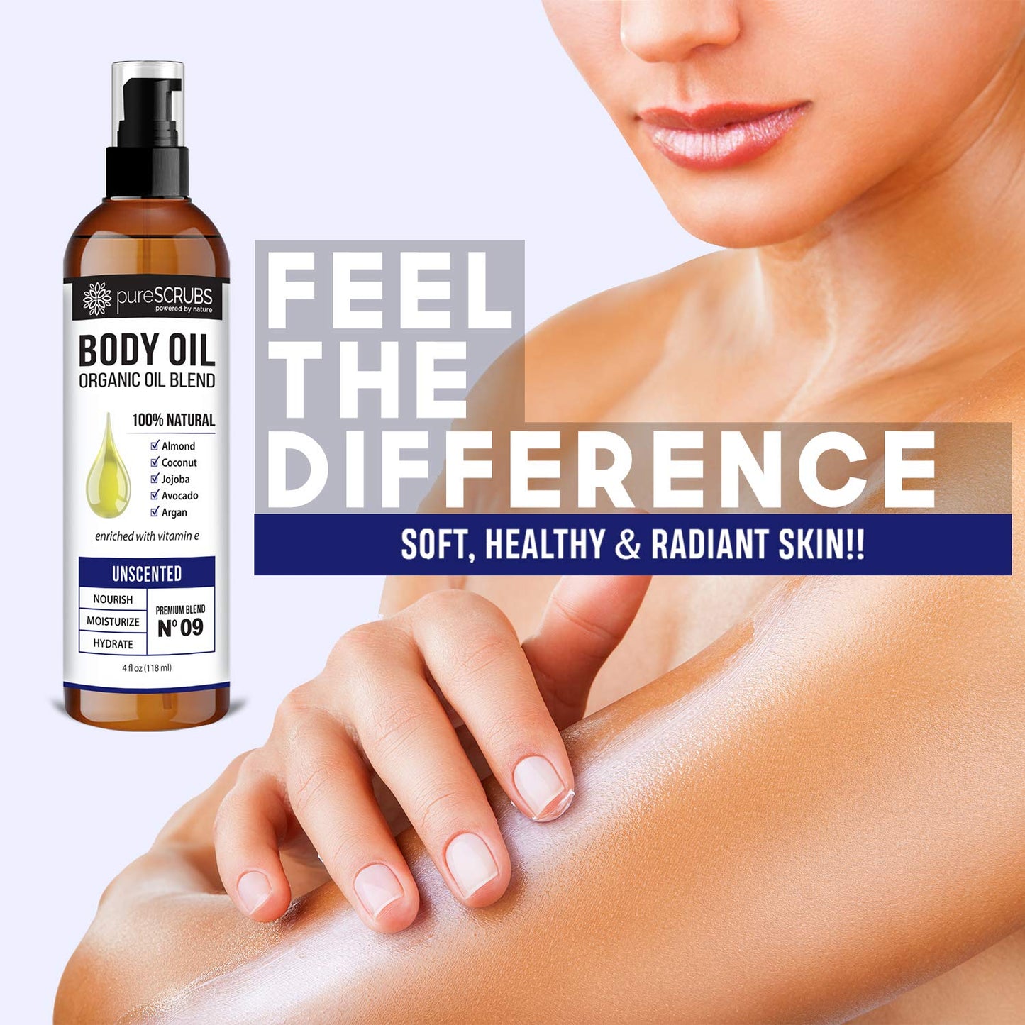 pureSCRUBS Ultra Moisturizing Unscented Body Oil Spray for Dry Skin, Massage, Stretch Marks, Organic Super Blend of Jojoba, Argan, Coconut, Sweet Almond & Avocado Oils Enriched with Vitamin E, Lg 4oz
