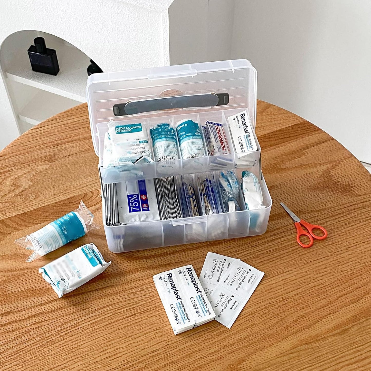 Large Bandage Organizer with Lid, Plastic 2 Tiers Container for Home Medicine Cabinet, Office, School Use, Bandaid Storage Holder for Fabric Adhesive Strip, Medical Elastic Wrap