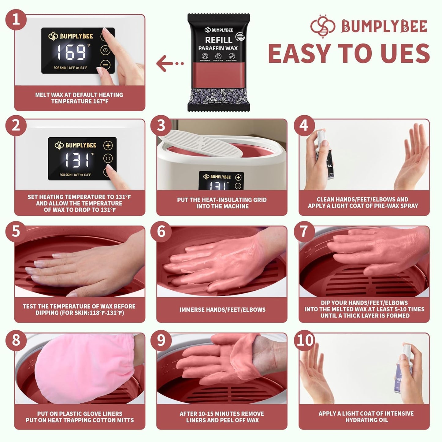 Paraffin Wax Kit - 10 Packs Rose Scent Refills with Silicone Brush - Non-Greasy, Easy-Peeling Wax for Hands & Feet, Skin Moisturizing