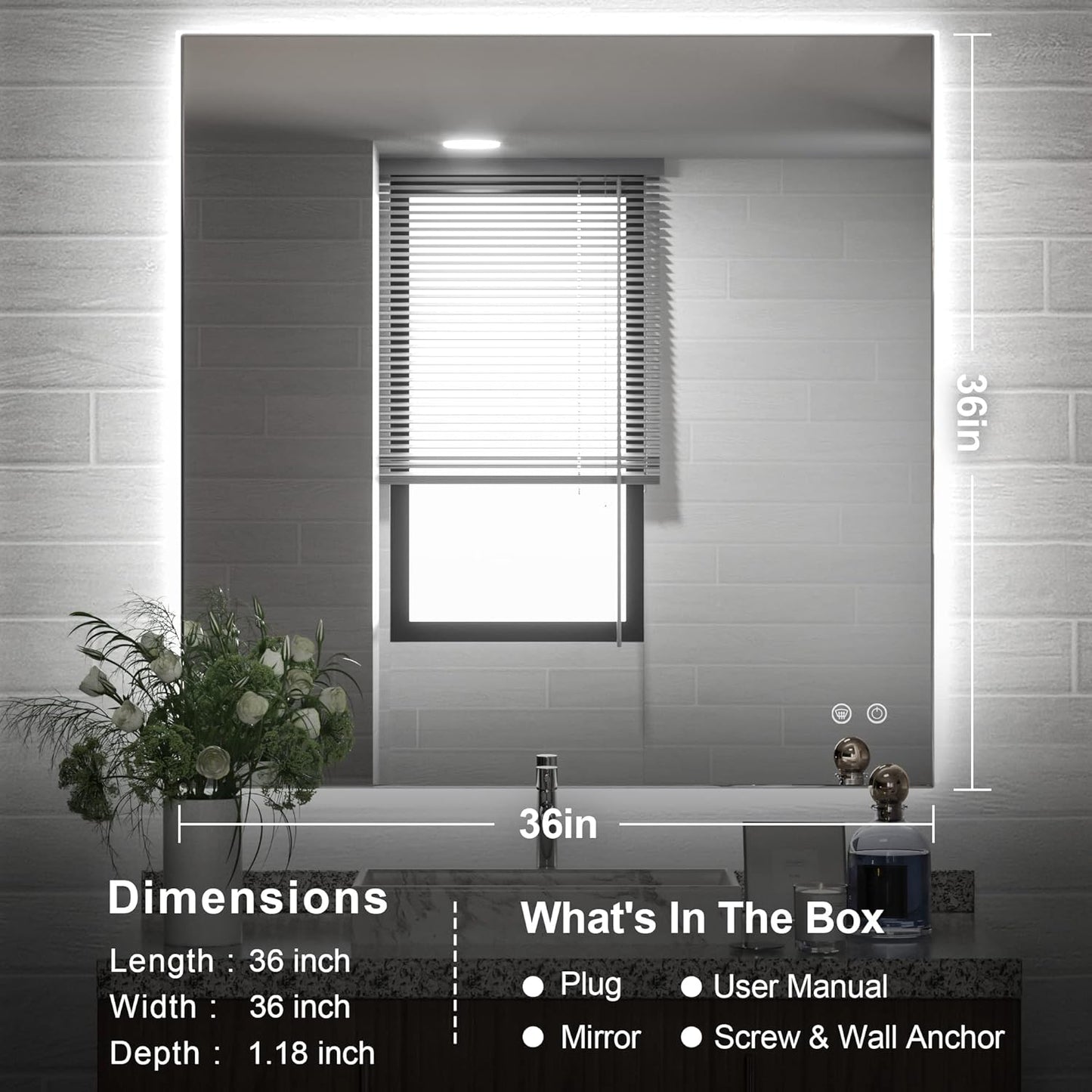 TETOTE 36x36Inch LED Backlit Bathroom Mirror with Lights,3Color White/Warm/Natural,Anti-Fog Lighted Mirror,Dimmable,Vanity Mirror,Wall Mounted