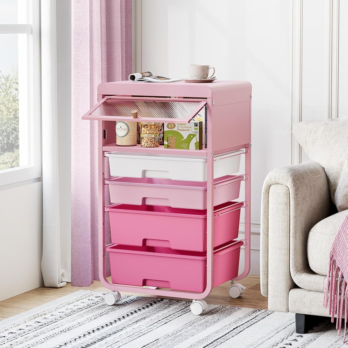 Utility-Rolling-Storage-Drawer-Craft-Cart-Organizers with 4 Drawers & Dust-Proof Door for Kid Craft Art Room,Bedroom,Home Office, Classroom, Rose Pink