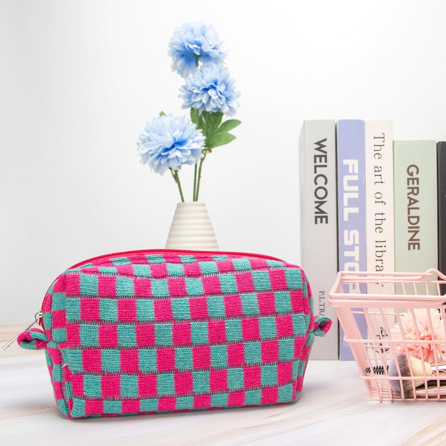 PAZIMIIK Checkered Makeup Bag for Purse Portable Zipper Make Up Pouch Small Cosmetic Case for Travel Accessories (6PCS Magenta Green)