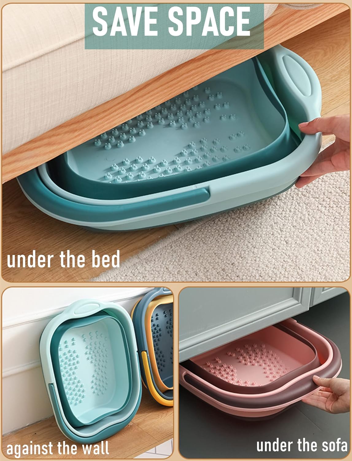 Collapsible Foot Bath Basin Tub for Soaking Feet, Plastic Foldable Foot Spa Bucket Tools with Handle and Massager Acupoint for Camping Travel