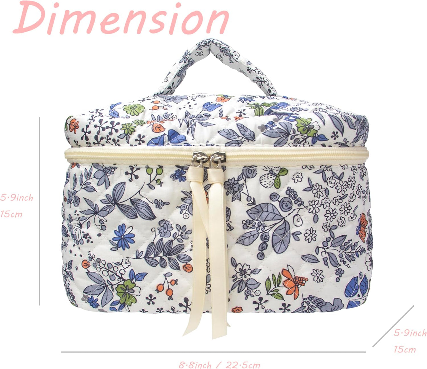 PAZIMIIK Quilted Makeup Bag Large Travel Zipper Soft Cosmetic Case for Women Girls Make Up,Leaf White