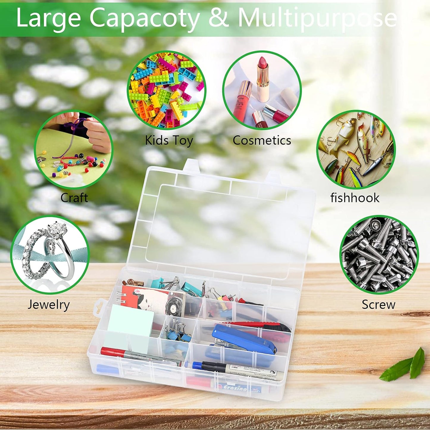 Large 24 Grids Plastic Organizer Box Adjustable Dividers,Clear Storage Box for Jewelry, Art DIY Crafts, Washi Tapes, Beads and Small Parts(2 Pack)