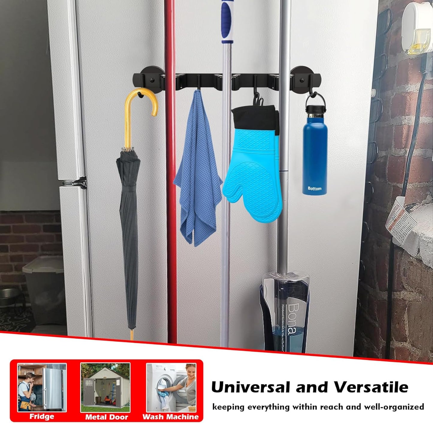 MUTUACTOR Heavy Duty Magnetic Broom Holder, 1PCS Mounting Broom and Mop Hanger, Anti-slip Black Magnetic Tool Holder 3 Slots and 4 Hooks for Fridge, Metal Door, Garage, Work Station