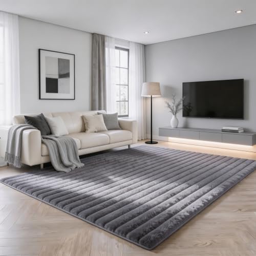 Gray Rabbit Striped Plush Rug 5'x7', Fluffy Shaggy Area Rug - Image 3