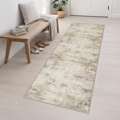 2.6x10 Washable Runner Rug:Modern Abstract Soft Carpet Beige Brown - Image 3