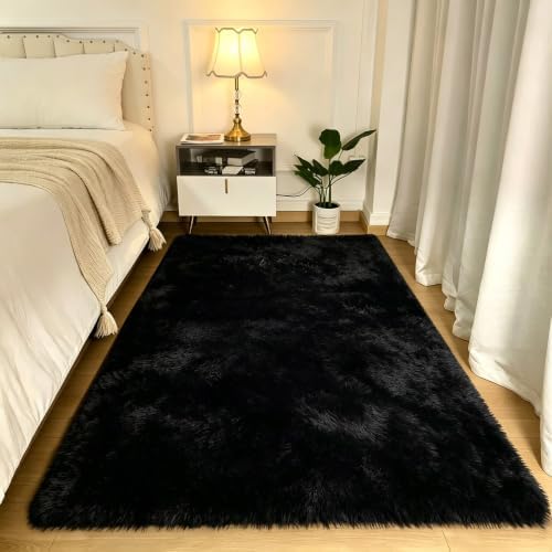 3x5 Black Fluffy Area Rug for Bedroom and Living Room, Washable Soft Shag Carpet - Image 2
