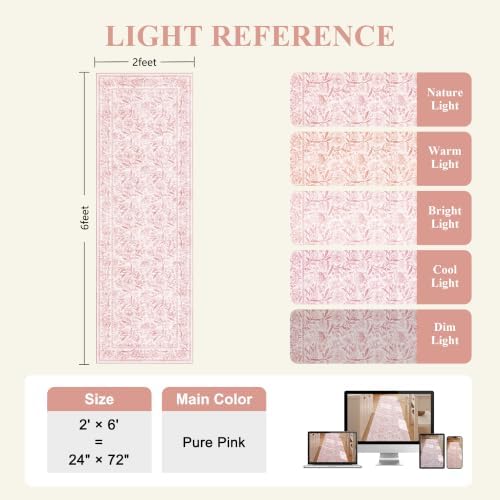 DUKINO 2x6 Runner Rug, Washable Vintage Floral Kitchen Rug, Light Pink - Image 2