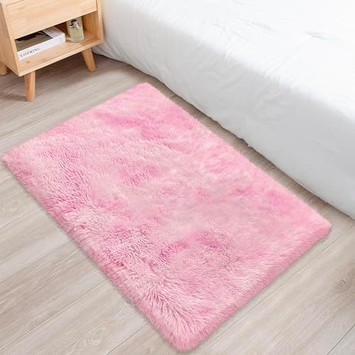 Small Area Rug for Bedroom 2x3ft Mini Tie-Dye Pink Fluffy Rug Mat Bedside Throw - Image 3