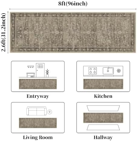 Brown Washable Runner Rug 2.6x8, Vintage Rug Runners - Image 2