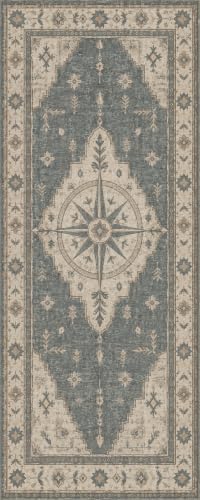 2'x5 Faux Wool Washable Runner Rug, Slate Blue/Cream by Unknown
