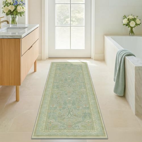 Floral 2x6 Washable Long Hallway Runner Rugs Non Slip, Sage Green Soft Runner by Evyhood