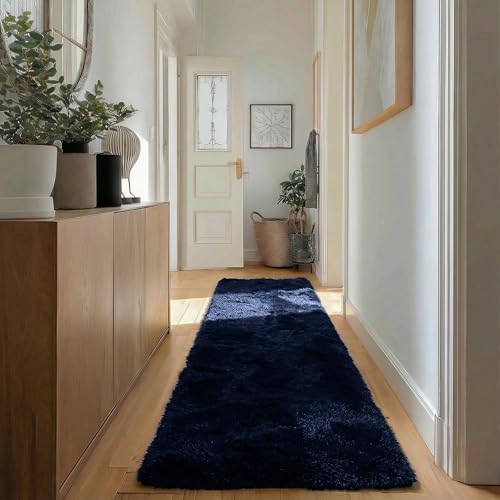 Navy Blue Runner Rug 2x6 Fluffy Dark Blue Bedside Rugs - Image 4