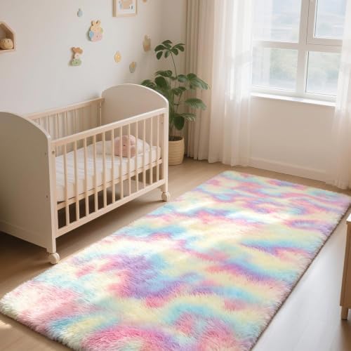 4x6 Rainbow Fluffy Area Rug for Bedroom and Living Room, Washable Soft Shag - Image 2