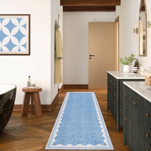 Garvee Washable Hallway Runner Rug 2x6 Runner Rug Bordered Wave Print Blue - Image 6