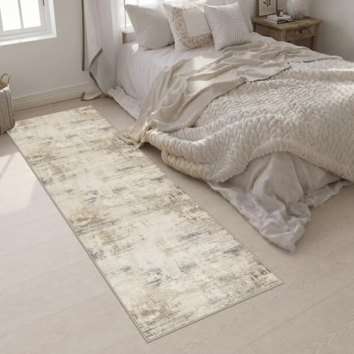 2.6x10 Washable Runner Rug:Modern Abstract Soft Carpet Beige Brown - Image 5