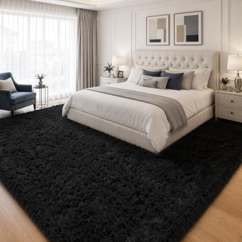PLHXFR 9x12 Area Rugs Living Room: Fluffy Bedroom Rug Shag Carpet Black - Image 3