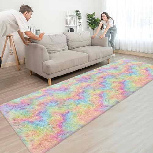 Fluffy Rainbow Rug for Girls Bedroom 3x10 Feet Kawaii Tie Dye Area Rug Colorful - Image 3