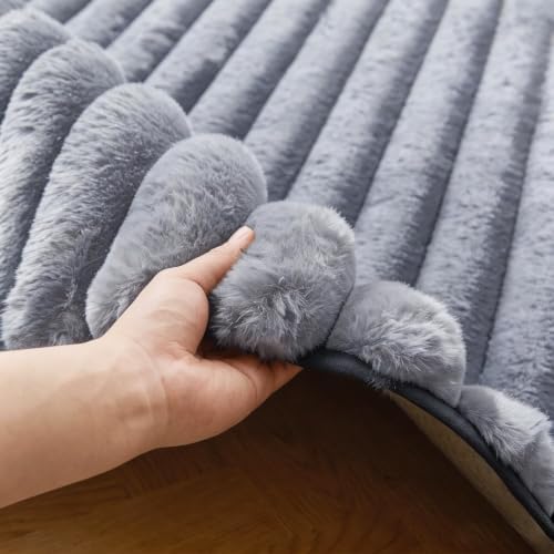 Blue Grey Rabbit Striped Plush Rug 4'x6', Fluffy Shaggy Area Rug - Image 3