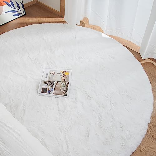 ORINOVA White Faux Fur Round Rug 4ft Fluffy Rabbit Fur Rug Machine Washable - Image 4