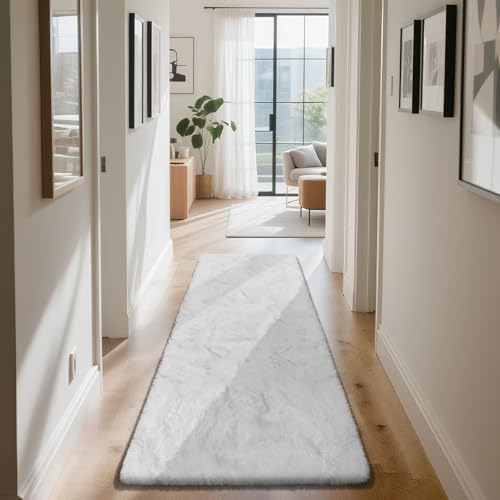 White 2x8 Area Rugs for Bedroom, Fluffy Shag Rug Small Rug Bedside Carpet by Yongyangjuxi