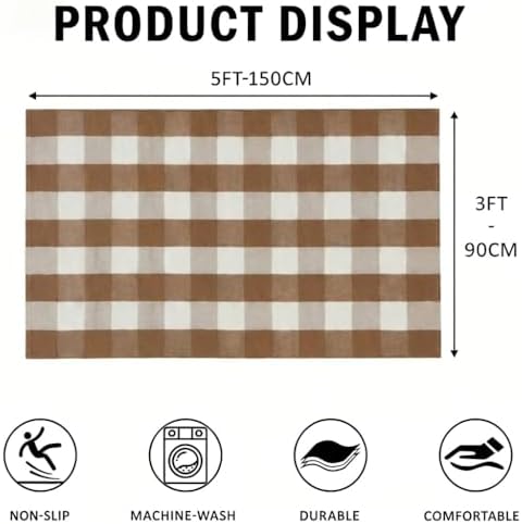 SEEKSEE Fall Decor Buffalo Plaid Outdoor Rug 3' x 5' Coffee and White Front - Image 2