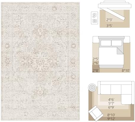 FMFUNCTEX 4x5 Washable Beige Neutral Oriental Distressed Entryway Area Rug - Image 3