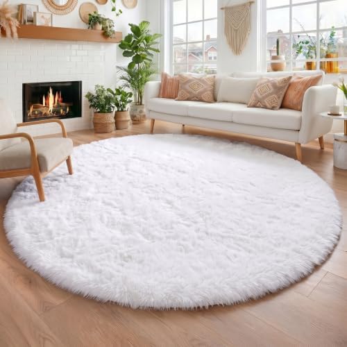 Amdrebio White Fuzzy Round Area Rug 5Ft by Amdrebio