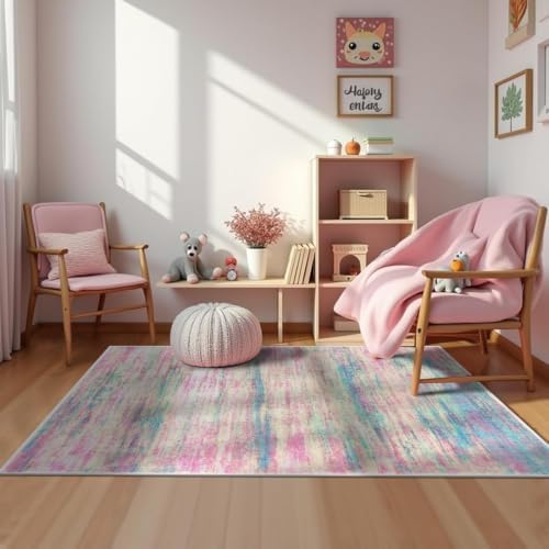 KOZYFLY Washable Girls Kids Bedroom Rug Pink 3x5 Area Rug Abstract Striped by KOZYFLY